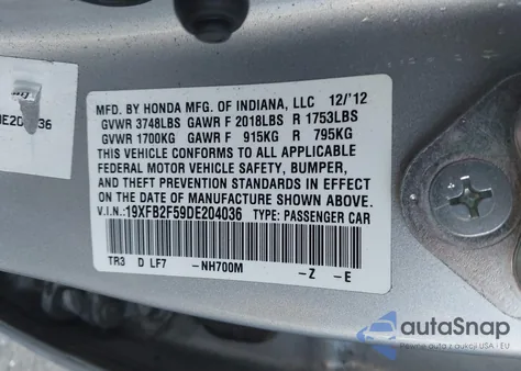 2013 Honda Civic Lx z USA, uszkodzony, nr VIN 19XFB2F59DE204036